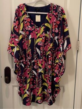 Trina Turk Navy Floral V-Neck Tunic with Pink & Lime Print